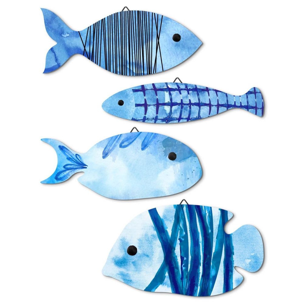 Ocean Wall Art Blue Fish Wall Decor Set Wooden Fish Art With Marine Stripes🐭